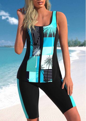 Zipper Mid Waisted Plants Print Cyan Tankini Set - unsigned - Modalova