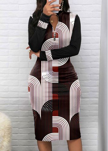 Black Zipper Geometric Print Long Sleeve Bodycon Dress - unsigned - Modalova