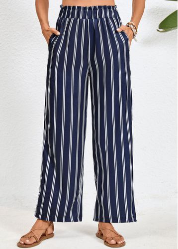 Navy Double Side Pockets Striped Elastic Waist Pants - unsigned - Modalova