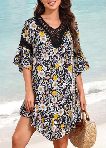 Hollow Patchwork Floral Print Black Cover Up - unsigned - Modalova