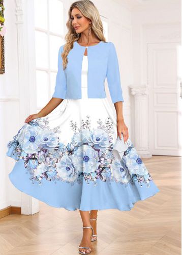 Light Blue Two Piece Floral Print Dress and Cardigan - unsigned - Modalova