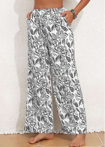 White Pocket Leaf Print Elastic Waist High Waisted Pants - unsigned - Modalova