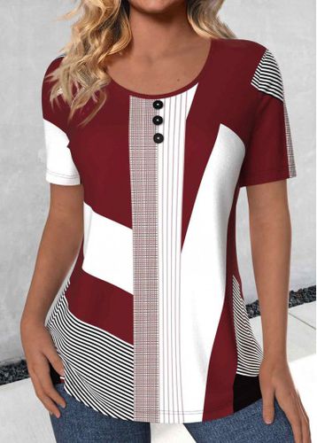 Deep Red Button Geometric Print Short Sleeve T Shirt - unsigned - Modalova