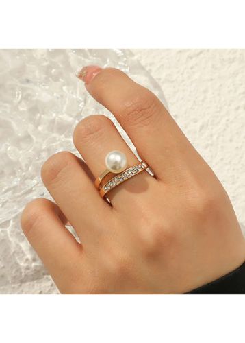 Geometric Gold Pearl Diamond Alloy Ring - unsigned - Modalova