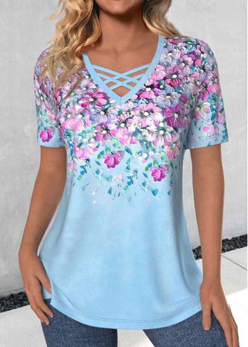 Light Blue Criss Cross Floral Print T Shirt - unsigned - Modalova
