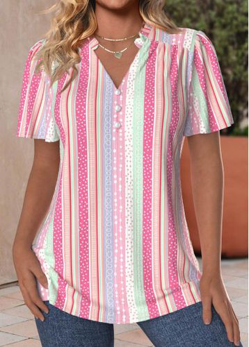 Pink Frill Striped Short Sleeve V Neck Blouse - unsigned - Modalova