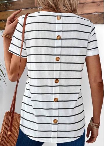 White Button Striped Short Sleeve Round Neck T Shirt - unsigned - Modalova