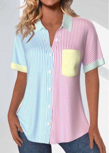 Rainbow Color Patchwork Striped Short Sleeve Shirt Collar Blouse - unsigned - Modalova