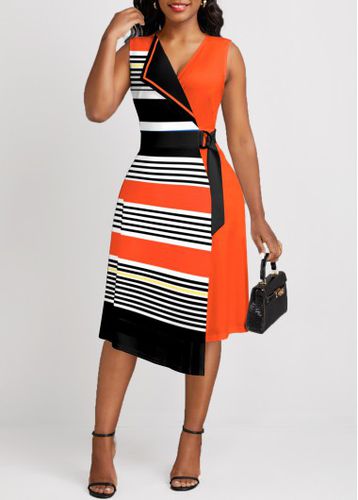 Orange Patchwork Striped Sleeveless V Neck Dress - unsigned - Modalova