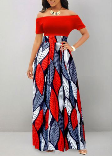 Red Patchwork Tribal Print Short Sleeve Maxi Dress - unsigned - Modalova