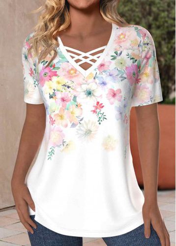 White Criss Cross Floral Print Short Sleeve T Shirt - unsigned - Modalova