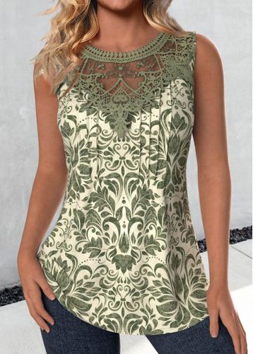 Sage Green Embroidery Tribal Print Sleeveless Tank Top - unsigned - Modalova