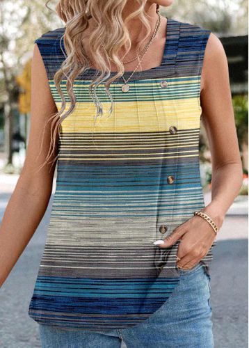 Blue Button Striped Sleeveless Square Neck Tank Top - unsigned - Modalova