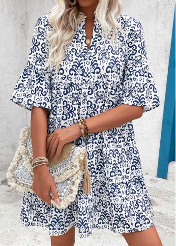 Blue Ruched Tribal Print A Line Half Sleeve Dress - unsigned - Modalova