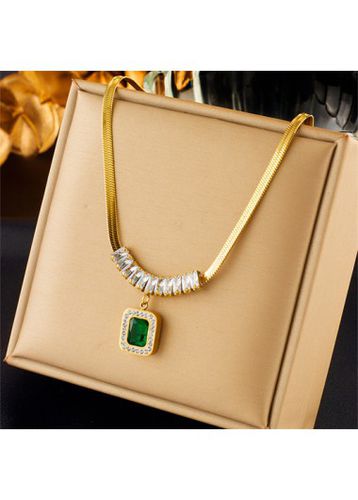 Blackish Green Rhinestone Detail Square Necklace - unsigned - Modalova