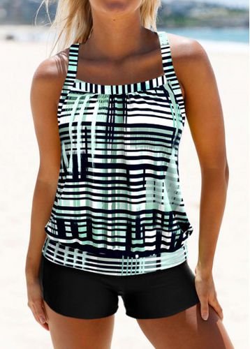 Criss Cross Geometric Print Mint Green Tankini Top - unsigned - Modalova