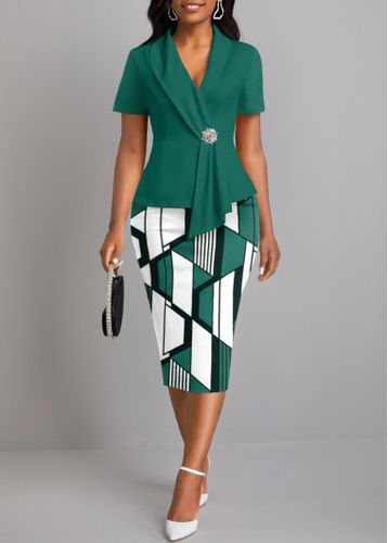 Turquoise Fake 2in1 Geometric Print Short Sleeve Bodycon Dress - unsigned - Modalova