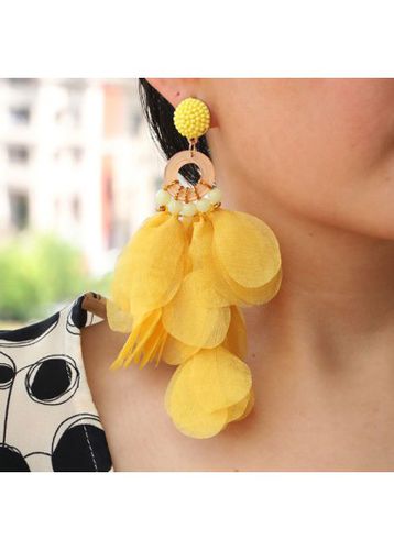 Yellow Patchwork Circular Ring Beaded Floral Earrings - unsigned - Modalova