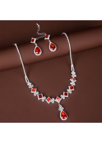 Red Geometric Waterdrop Rhinestone Earrings and Necklace - unsigned - Modalova