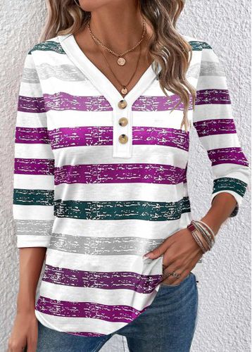 Dark Purple Button Multi Stripe Print T Shirt - unsigned - Modalova