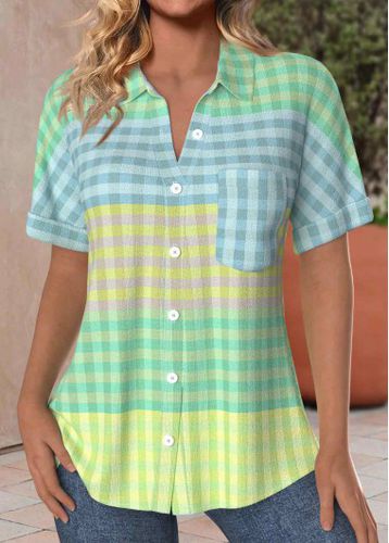Multi Color Pocket Plaid Short Sleeve Shirt Collar Blouse - unsigned - Modalova