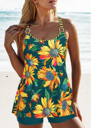 Circular Ring Floral Print Blackish Green Tankini Set - unsigned - Modalova