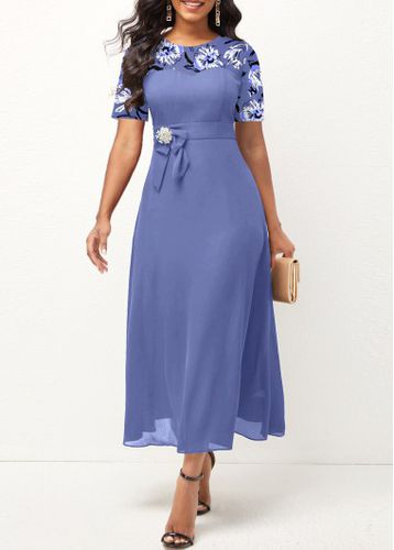Dusty Blue Patchwork Floral Print Short Sleeve Dress - unsigned - Modalova