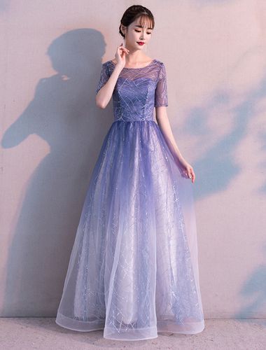 Long Prom Dresses Ombre Tulle Sequin Half Sleeve Formal Evening Dress - milanoo.com - Modalova