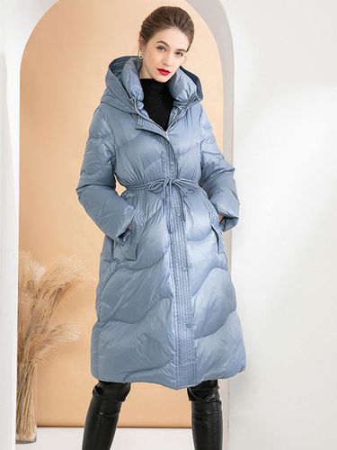 Hooded Down Coat Quilted White Duck Down Long Puffer Belted Classic Warm Winter Outerwear For Women - milanoo.com - Modalova