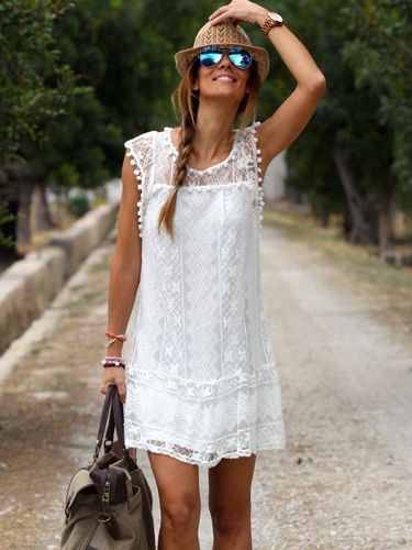 Robe d'été Unicolore Blanc avec Les Dentelles et Les Franges en Cotons Sans Manches Robe - milanoo.com - Modalova
