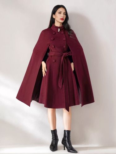 Manteau cape en mélange de laine col montant poncho surdimensionné avec ceinture bleu marine foncé vêtements d\'extérieur 2026 - milanoo.com - Modalova