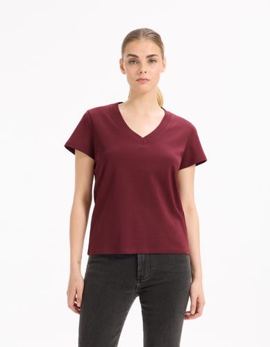 T-shirt en coton doux col v - bordeaux - celio - Modalova