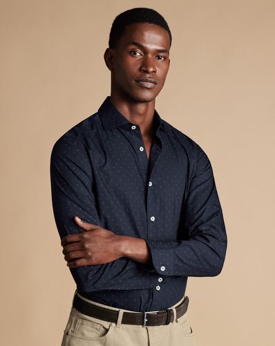 Men's Semi-Cutaway Collar Non-Iron Stretch Spot Print Cotton Shirt - Navy Single Cuff, Large by - Charles Tyrwhitt - Modalova