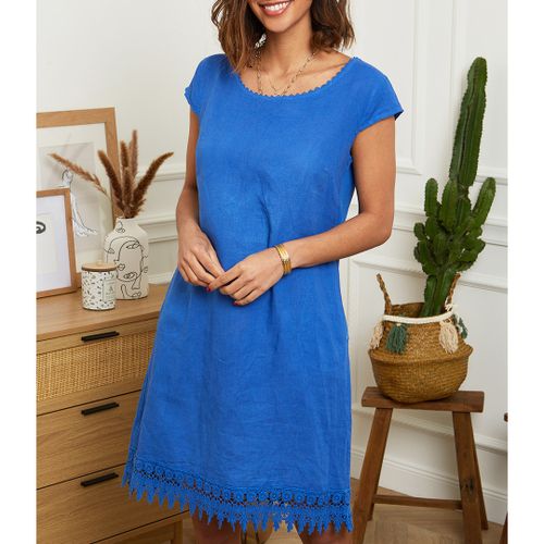 Royal Blue Lace Trim Linen Dress - LE MONDE DU LIN - Modalova