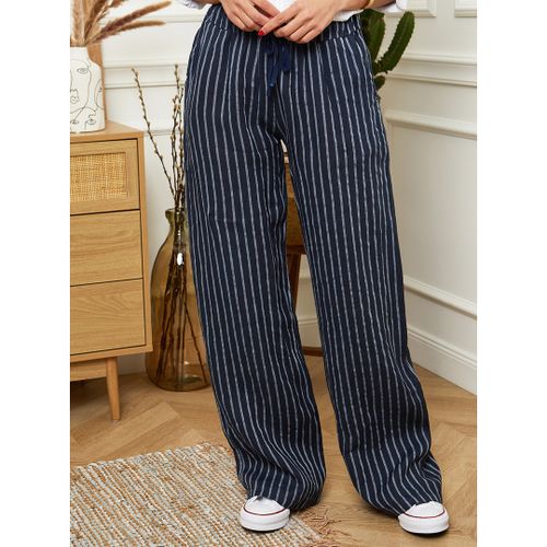 Navy Stripe Wide Linen Trousers - LE MONDE DU LIN - Modalova