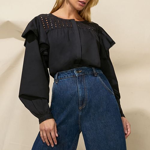 Black Frill Cotton Blouse - Ro & Zo - Modalova