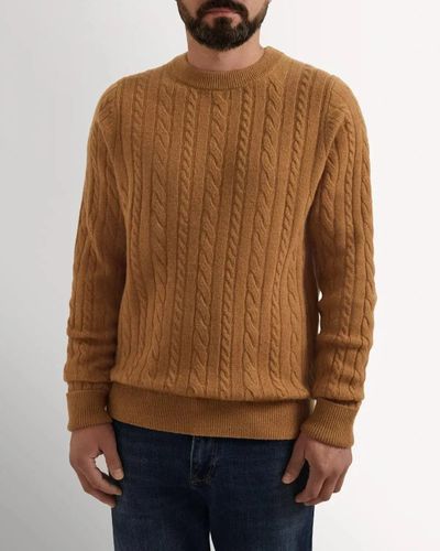 Men's 100% Lambswool Cable Knit Crew Neck Sweater Camel - Size S - Bernard Weatherill - Modalova