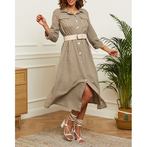 Taupe Linen Midi Dress - LE MONDE DU LIN - Modalova