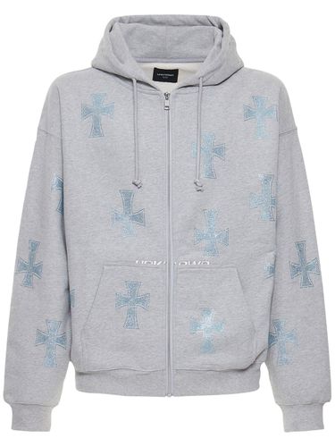 Grey Rhinestone Cross Cotton Hoodie - UNKNOWN - Modalova