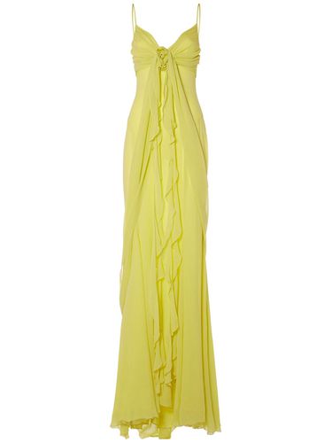 Ruffled Silk Long Dress W/rose - BLUMARINE - Modalova