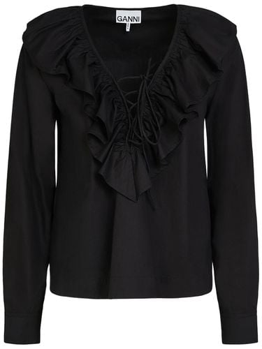 Ruffled Cotton Poplin V-neck Shirt - GANNI - Modalova