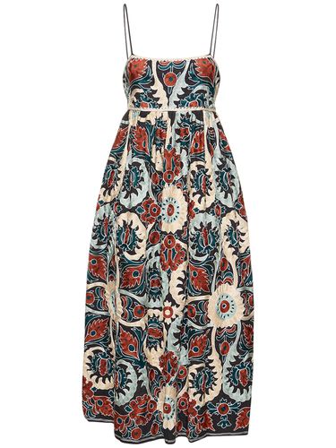 Vestido Midi De Lino Estampado - ULLA JOHNSON - Modalova