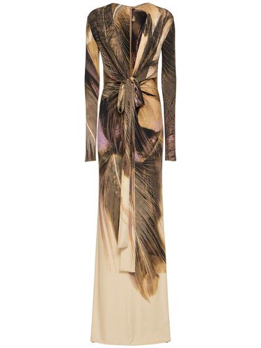 Printed Stretch Jersey Long Dress W/knot - ROBERTO CAVALLI - Modalova