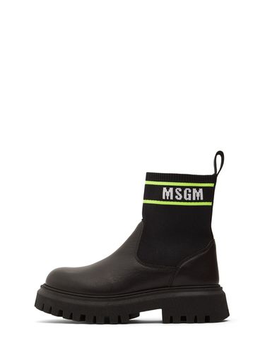 Botas De Piel Y Punto Con Logo - MSGM - Modalova