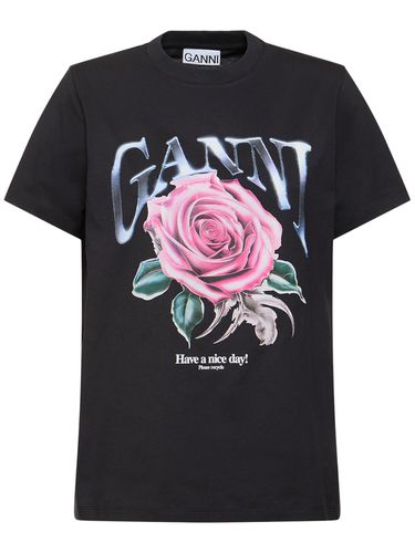 Rose Print Organic Cotton T-shirt - GANNI - Modalova