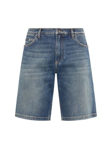 Shorts In Denim Stretch Con Placchetta Logata - DOLCE & GABBANA - Modalova