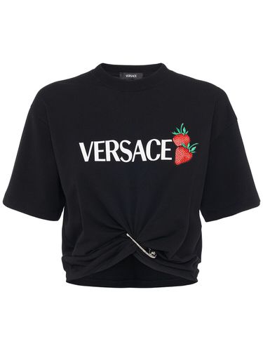 Logo Print Cotton Jersey Crop T-shirt - VERSACE - Modalova