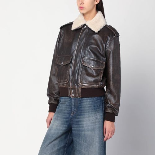 Leather bomber jacket with shearling collar - HALFBOY - Modalova