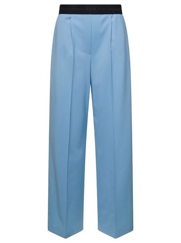 Light Blue Wide Leg Trousers With Logo Waistband In Wool Woman - MSGM - Modalova