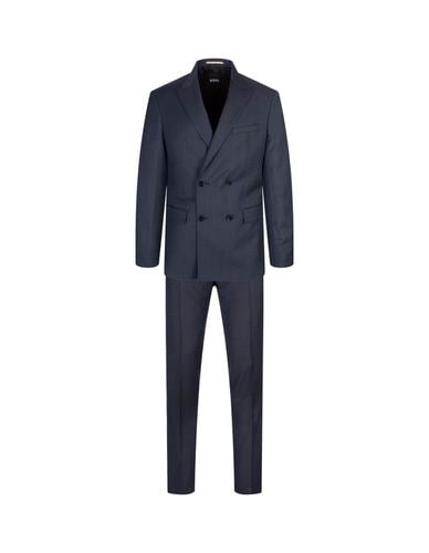 Slim Fit Double-breasted Suit In Dark Wool With Micro-motif - Hugo Boss - Modalova